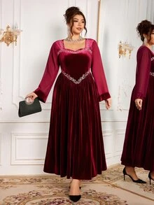 Modelyn Women's Square Neck Flare Sleeve Heavy Embroidery Exquisite Velvet High-End Elegant Evening Party Dress Plus Size Autumn/Winter - Burgundy - View 4
