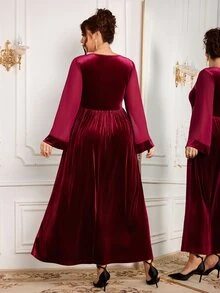 Modelyn Women's Square Neck Flare Sleeve Heavy Embroidery Exquisite Velvet High-End Elegant Evening Party Dress Plus Size Autumn/Winter - Burgundy - View 2