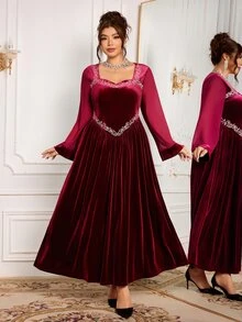 Modelyn Women's Square Neck Flare Sleeve Heavy Embroidery Exquisite Velvet High-End Elegant Evening Party Dress Plus Size Autumn/Winter - Burgundy - View 3