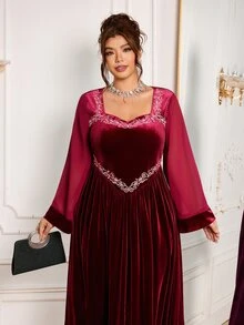 Modelyn Women's Square Neck Flare Sleeve Heavy Embroidery Exquisite Velvet High-End Elegant Evening Party Dress Plus Size Autumn/Winter - Burgundy - View 5