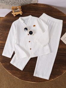 Young Boy Letter Patched Drop Shoulder Shirt & Pants Set - White - View 3