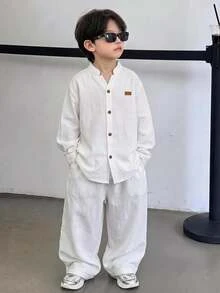 Young Boy Letter Patched Drop Shoulder Shirt & Pants Set - White - View 2