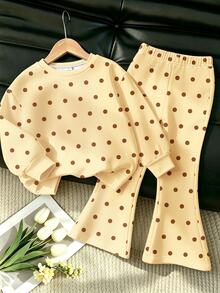 Girls 2pcs Set, Polka Dot Pattern Long Sleeve Crew Neck Pullover Sweatshirt And Flared Pants, Suitable For Autumn/Winter Wear - Multicolor - View 5