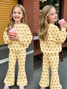 Girls 2pcs Set, Polka Dot Pattern Long Sleeve Crew Neck Pullover Sweatshirt And Flared Pants, Suitable For Autumn/Winter Wear - Multicolor - View 4