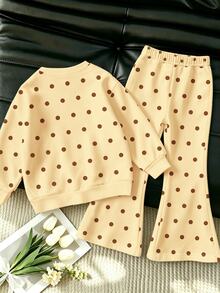 Girls 2pcs Set, Polka Dot Pattern Long Sleeve Crew Neck Pullover Sweatshirt And Flared Pants, Suitable For Autumn/Winter Wear - Multicolor - View 2