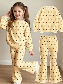 Girls 2pcs Set, Polka Dot Pattern Long Sleeve Crew Neck Pullover Sweatshirt And Flared Pants, Suitable For Autumn/Winter Wear - Multicolor - View 1