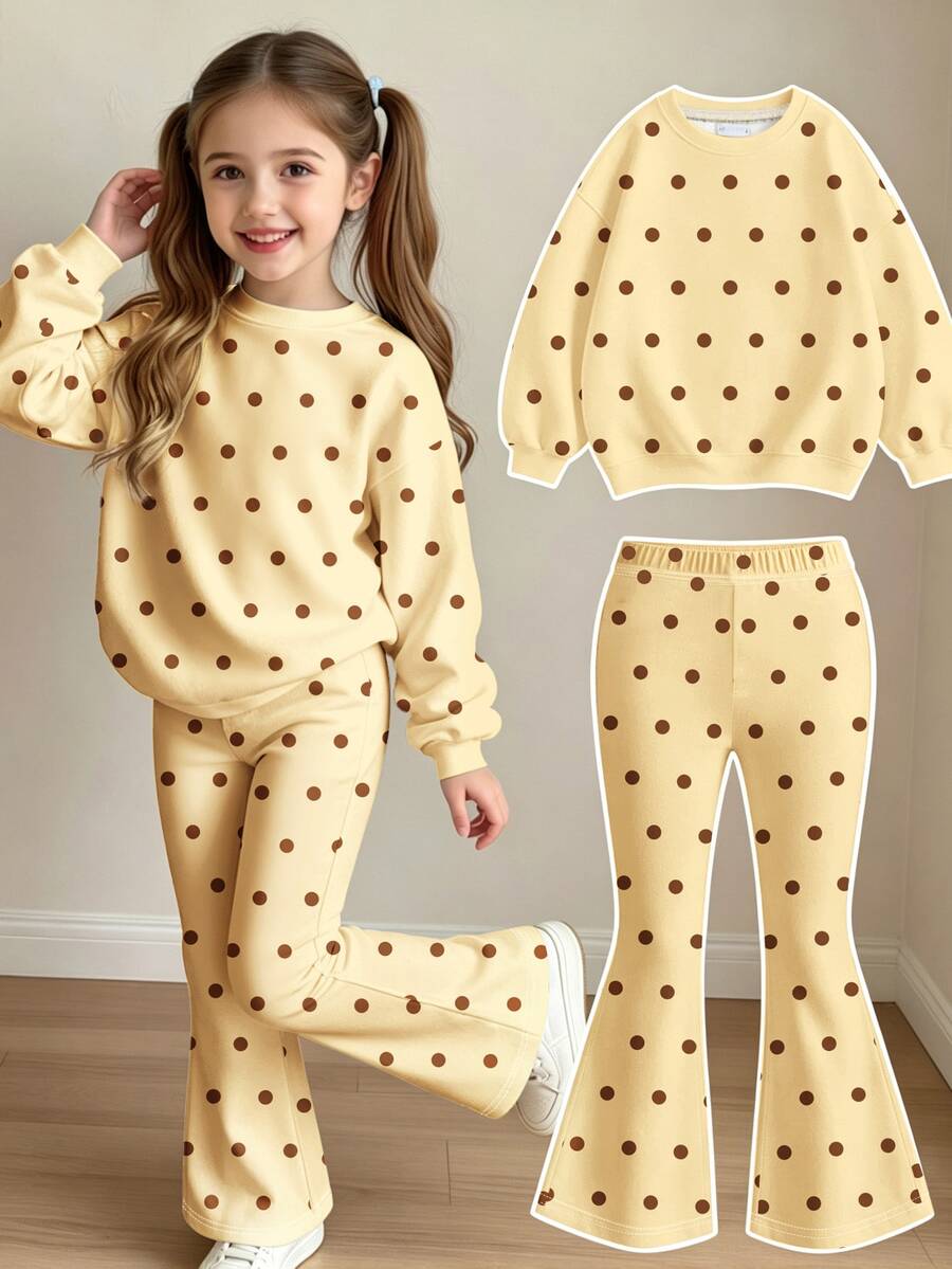 Girls 2pcs Set, Polka Dot Pattern Long Sleeve Crew Neck Pullover Sweatshirt And Flared Pants, Suitable For Autumn/Winter Wear - Multicolor - View 1