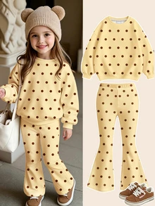 Girls 2pcs Set, Polka Dot Pattern Long Sleeve Crew Neck Pullover Sweatshirt And Flared Pants, Suitable For Autumn/Winter Wear - Multicolor - View 3