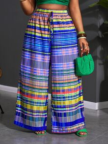 Veslaya Plus Size Women Pants, Summer Boho Light Blue Beach Vacation, Geometric Stripe Plaid Print Loose Multi-Color Pattern, Daily Casual Streetwear Party - Multicolor - View 5