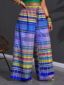 Veslaya Plus Size Women Pants, Summer Boho Light Blue Beach Vacation, Geometric Stripe Plaid Print Loose Multi-Color Pattern, Daily Casual Streetwear Party - Multicolor - View 7