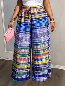 Veslaya Plus Size Women Pants, Summer Boho Light Blue Beach Vacation, Geometric Stripe Plaid Print Loose Multi-Color Pattern, Daily Casual Streetwear Party - Multicolor - View 4