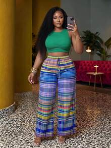 Veslaya Plus Size Women Pants, Summer Boho Light Blue Beach Vacation, Geometric Stripe Plaid Print Loose Multi-Color Pattern, Daily Casual Streetwear Party - Multicolor - View 1