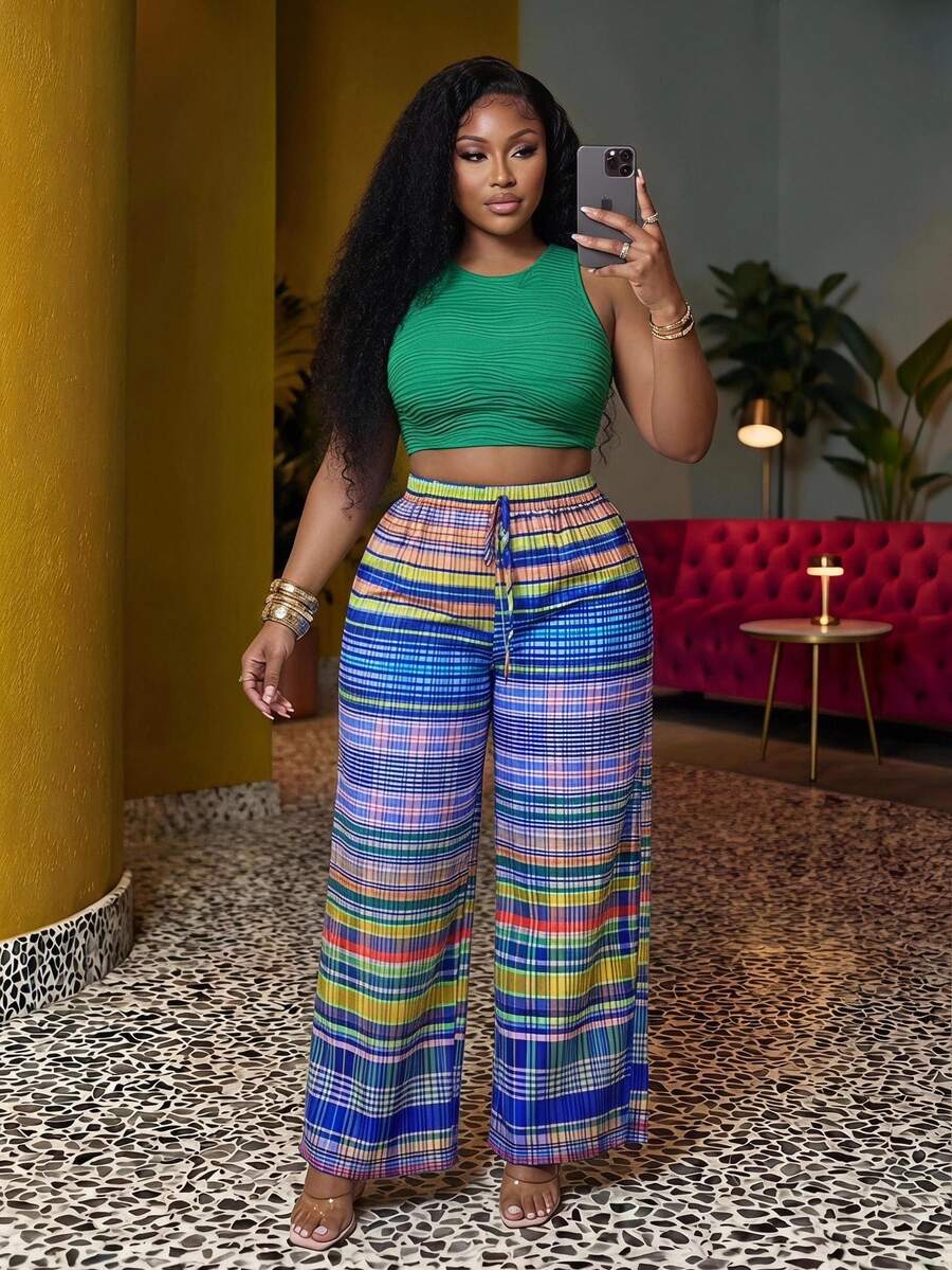 Veslaya Plus Size Women Pants, Summer Boho Light Blue Beach Vacation, Geometric Stripe Plaid Print Loose Multi-Color Pattern, Daily Casual Streetwear Party - Multicolor - View 1