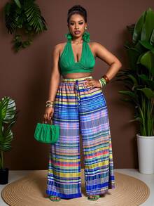Veslaya Plus Size Women Pants, Summer Boho Light Blue Beach Vacation, Geometric Stripe Plaid Print Loose Multi-Color Pattern, Daily Casual Streetwear Party - Multicolor - View 6