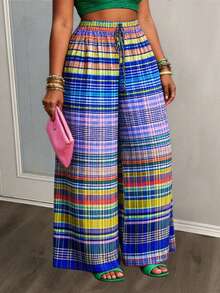 Veslaya Plus Size Women Pants, Summer Boho Light Blue Beach Vacation, Geometric Stripe Plaid Print Loose Multi-Color Pattern, Daily Casual Streetwear Party - Multicolor - View 3