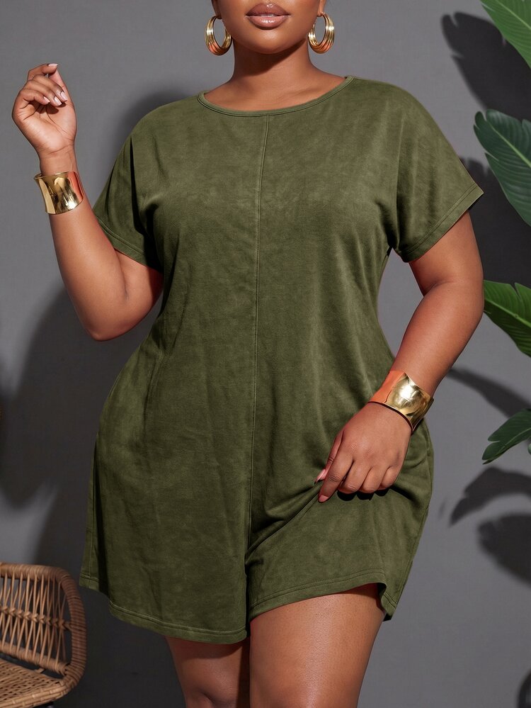 Veslaya Plus Size Women's Jumpers And Rompers,Army Green Summer Smart Casual Vacation Elegant Commute,Minimalist Versatile Birthday Party Graduation Romper - Army Green - View 2