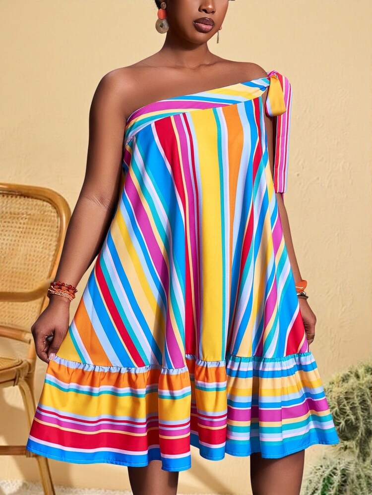 Veslaya Plus Size Asymmetric Collar Yellow Striped Print Casual Boho Vacation A-Line Summer Beach Carribean Dress Slayr - Multicolor - View 5
