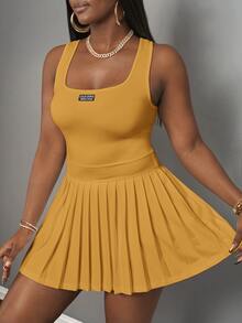 Veslaya 新款春夏休閒基本款U領露背背心，黑色標籤與白色文字 - 芥末黃 - 查看 5