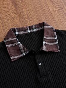 ESTAVOR Men's Summer Casual Plaid Patchwork Polo Shirt - Black - View 4