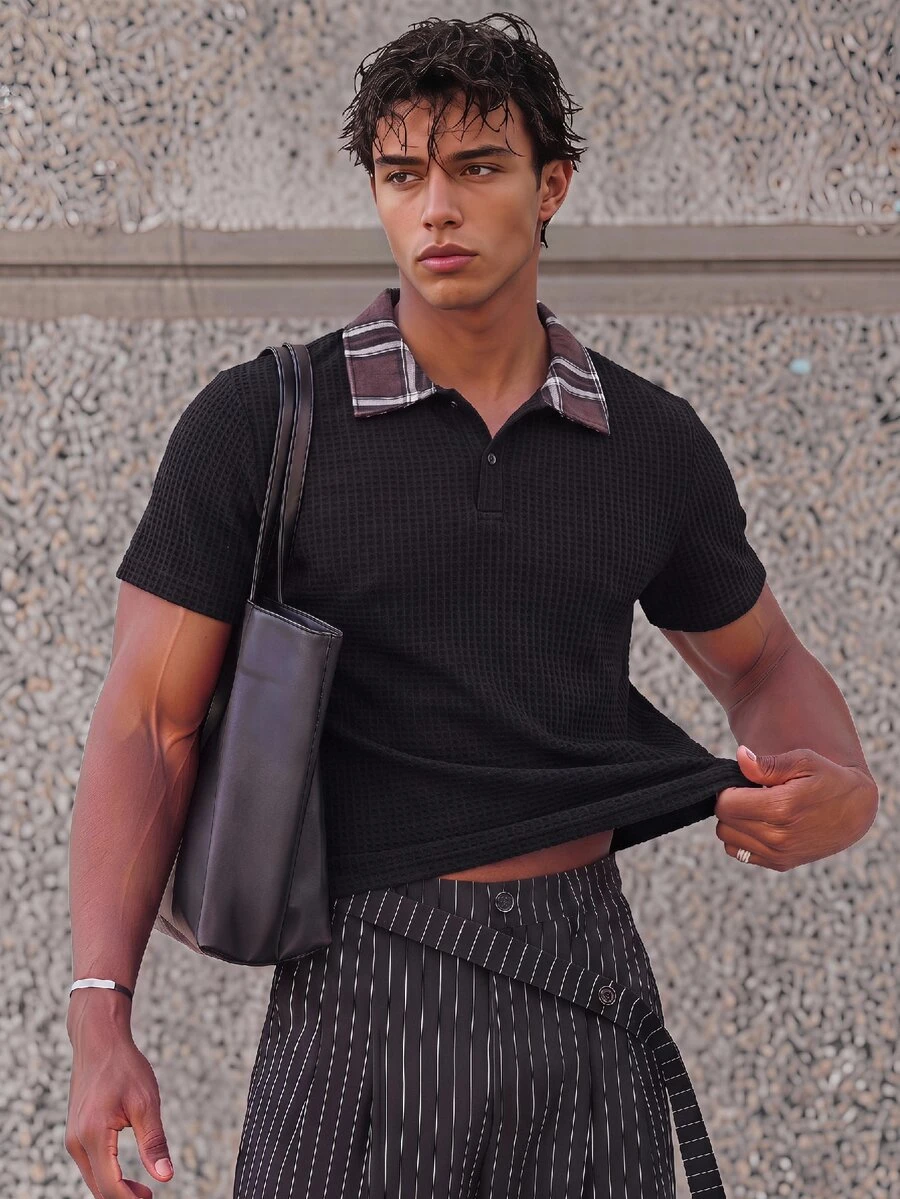 ESTAVOR Men's Summer Casual Plaid Patchwork Polo Shirt - Black - View 1