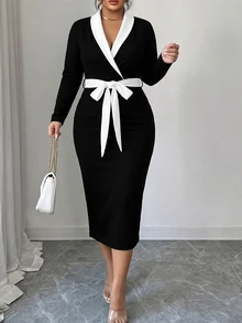 Elenzga Versatile Premium Contrast Color Knit Plus Size Women's Dress - Black and White - View 5