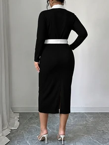 Elenzga Versatile Premium Contrast Color Knit Plus Size Women's Dress - Black and White - View 2