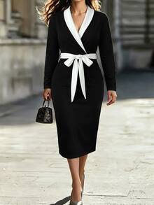 Elenzga Versatile Premium Contrast Color Knit Plus Size Women's Dress - Black and White - View 3