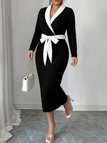Elenzga Versatile Premium Contrast Color Knit Plus Size Women's Dress - Black and White - View 4