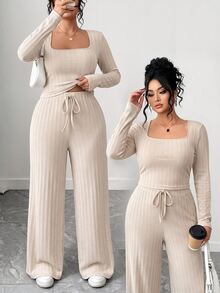Elenzga Plus Size Women Square Neck Long Sleeve Top And Waist Tie Pants Casual 2 Pieces Set - Apricot - View 3
