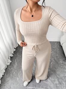Elenzga Plus Size Women Square Neck Long Sleeve Top And Waist Tie Pants Casual 2 Pieces Set - Apricot - View 2