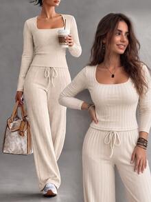 Elenzga Plus Size Women Square Neck Long Sleeve Top And Waist Tie Pants Casual 2 Pieces Set - Apricot - View 1