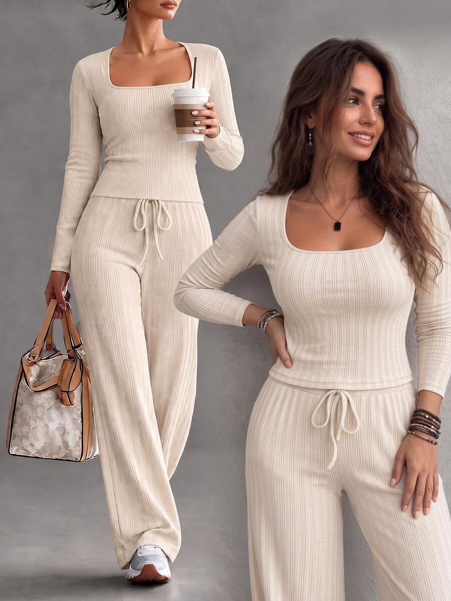 Elenzga Plus Size Women Square Neck Long Sleeve Top And Waist Tie Pants Casual 2 Pieces Set - Apricot - View 1
