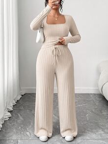 Elenzga Plus Size Women Square Neck Long Sleeve Top And Waist Tie Pants Casual 2 Pieces Set - Apricot - View 5