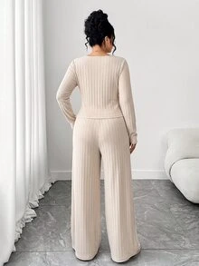 Elenzga Plus Size Women Square Neck Long Sleeve Top And Waist Tie Pants Casual 2 Pieces Set - Apricot - View 4