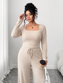 Elenzga Plus Size Women Square Neck Long Sleeve Top And Waist Tie Pants Casual 2 Pieces Set - Apricot - View 6
