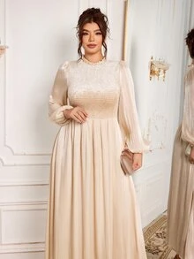 Modelyn Women's Long Sleeve Ruffle Collar Spring/Autumn Velvet Shirred Shiny Elegant Exquisite Holiday Party Dress, Versatile Comfortable Slimming Plus Size Long Dress - Apricot - View 8