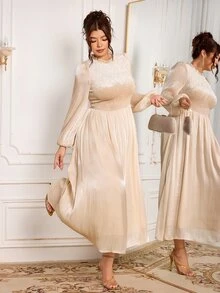 Modelyn Women's Long Sleeve Ruffle Collar Spring/Autumn Velvet Shirred Shiny Elegant Exquisite Holiday Party Dress, Versatile Comfortable Slimming Plus Size Long Dress - Apricot - View 7