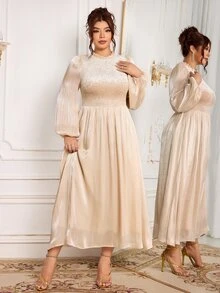 Modelyn Women's Long Sleeve Ruffle Collar Spring/Autumn Velvet Shirred Shiny Elegant Exquisite Holiday Party Dress, Versatile Comfortable Slimming Plus Size Long Dress - Apricot - View 4