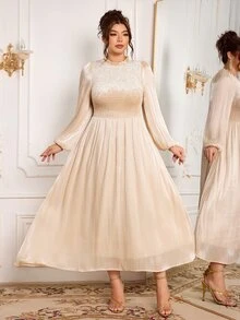 Modelyn Women's Long Sleeve Ruffle Collar Spring/Autumn Velvet Shirred Shiny Elegant Exquisite Holiday Party Dress, Versatile Comfortable Slimming Plus Size Long Dress - Apricot - View 6