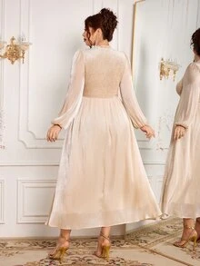 Modelyn Women's Long Sleeve Ruffle Collar Spring/Autumn Velvet Shirred Shiny Elegant Exquisite Holiday Party Dress, Versatile Comfortable Slimming Plus Size Long Dress - Apricot - View 2