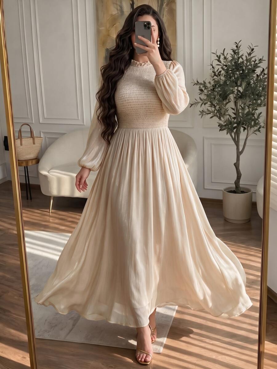 Modelyn Women's Long Sleeve Ruffle Collar Spring/Autumn Velvet Shirred Shiny Elegant Exquisite Holiday Party Dress, Versatile Comfortable Slimming Plus Size Long Dress - Apricot - View 1