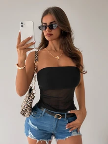 Sirith Women's Strapless High Elastic Mesh Sheer Ruched Waist Sexy Bodysuit For Vacation, Date, Party, Outdoor - Black - View 8