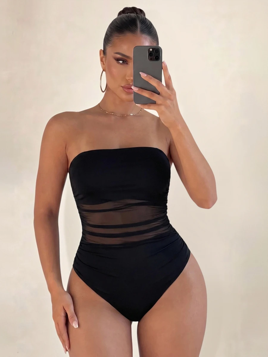 Sirith Women's Strapless High Elastic Mesh Sheer Ruched Waist Sexy Bodysuit For Vacation, Date, Party, Outdoor - Black - View 1