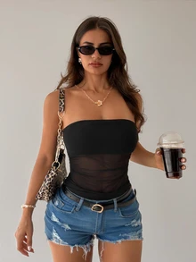 Sirith Women's Strapless High Elastic Mesh Sheer Ruched Waist Sexy Bodysuit For Vacation, Date, Party, Outdoor - Black - View 6