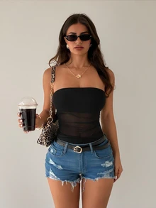 Sirith Women's Strapless High Elastic Mesh Sheer Ruched Waist Sexy Bodysuit For Vacation, Date, Party, Outdoor - Black - View 5