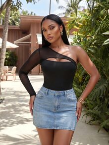 Sirith Slant Shoulder Hollowed-Out Sexy Mesh See-Through Black Bodysuit Fall Cloth For Women - Black - View 3