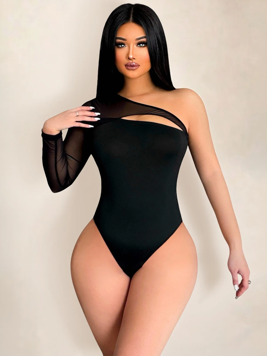 Sirith Slant Shoulder Hollowed-Out Sexy Mesh See-Through Black Bodysuit Fall Cloth For Women - Black - View 1