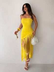 Sirith Fashionable Women's Yellow Strapless Burnout Striped Dress - Yellow - View 4