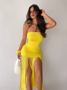 Sirith Fashionable Women's Yellow Strapless Burnout Striped Dress - Yellow - View 6