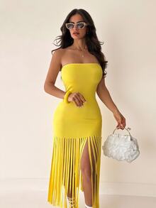 Sirith Fashionable Women's Yellow Strapless Burnout Striped Dress - Yellow - View 1